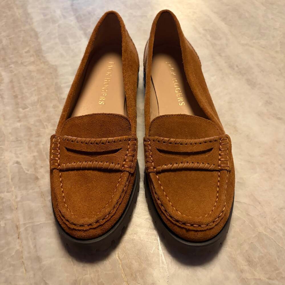 Jack Rogers Suede Penny Loafers Women’s 7M Brown Lug Sole Preppy Shoes